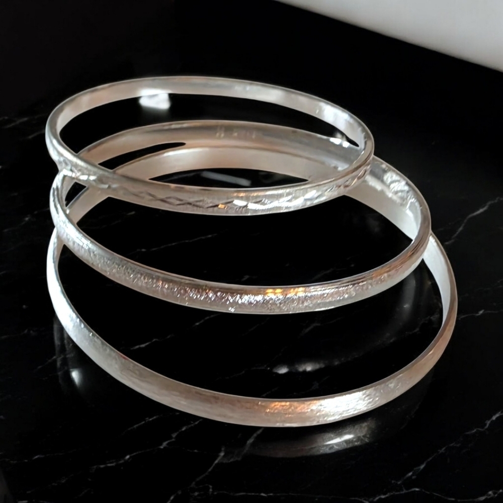 Vintage Trifari & Napier Stamped Silver-Tone 3 piece Bangle Set| Textured Stack